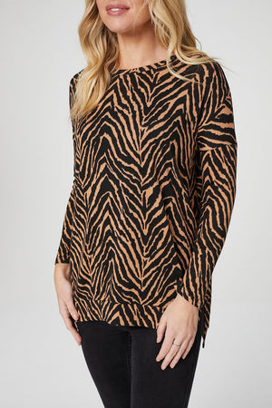 Brown | Zebra Print Long Sleeve Top
