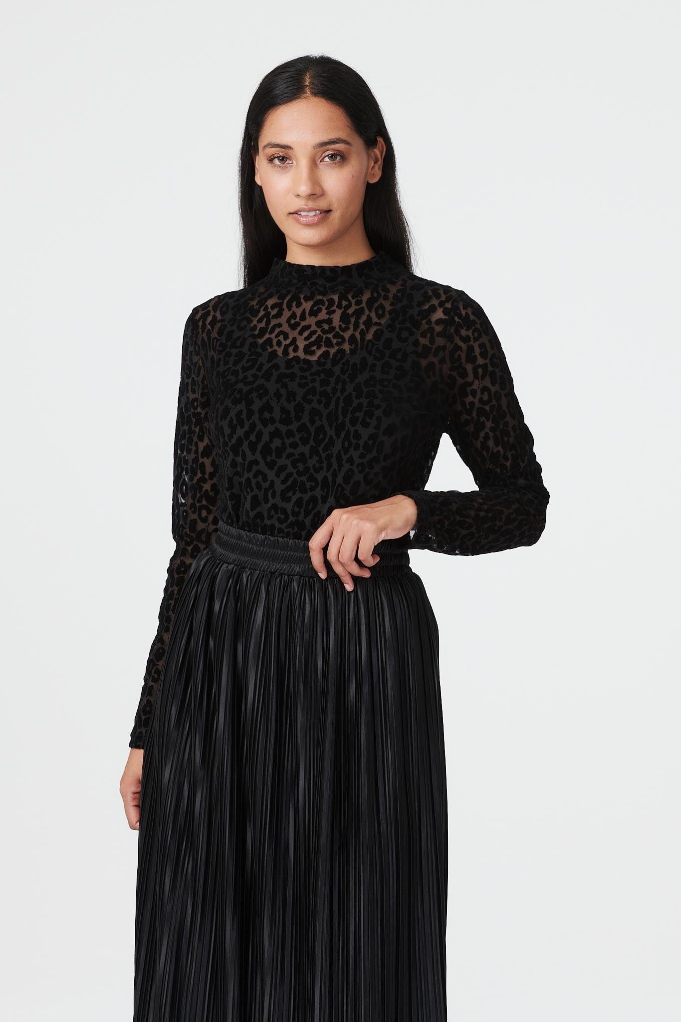 Black | Animal Print Sheer Mesh Top