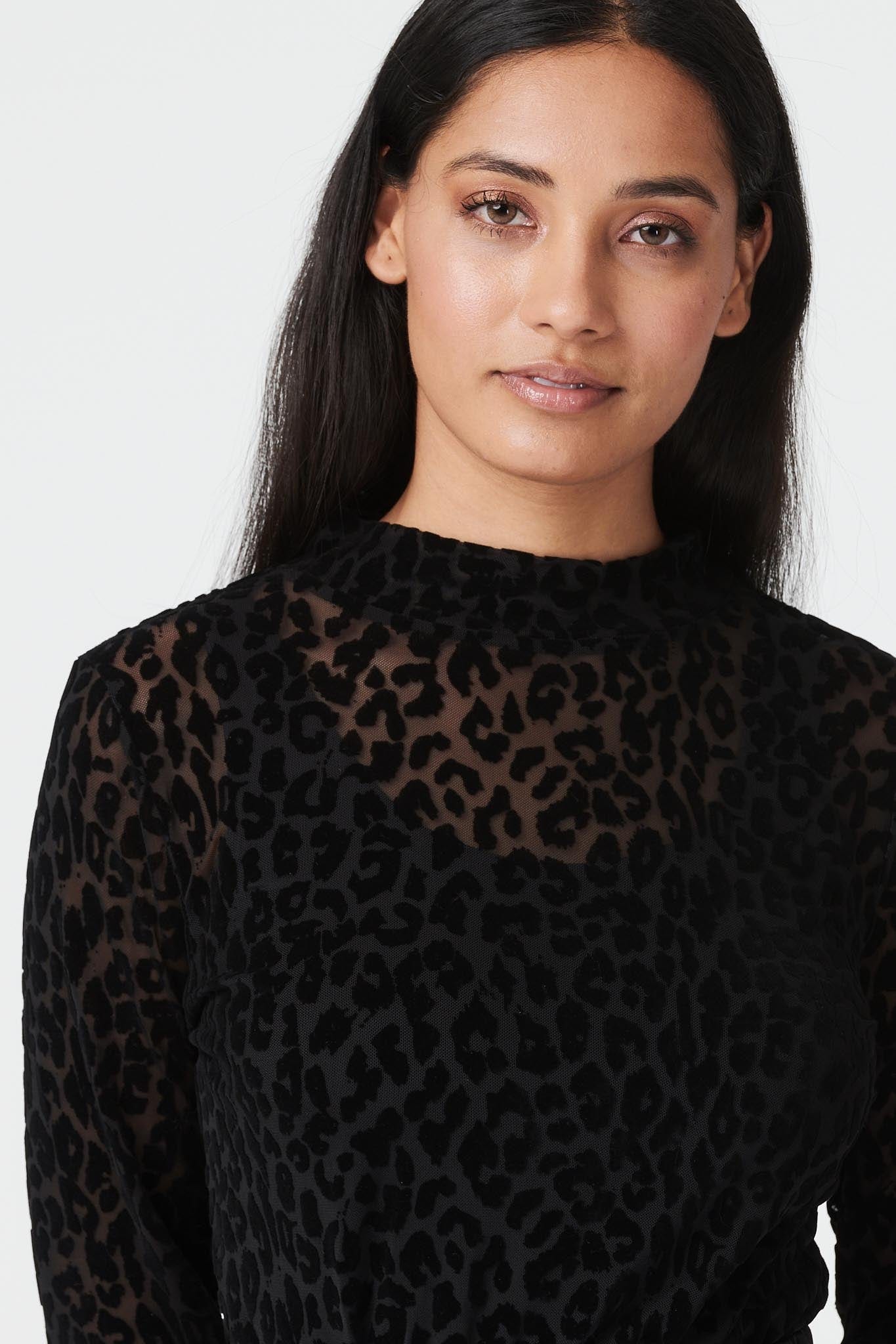 Black | Animal Print Sheer Mesh Top