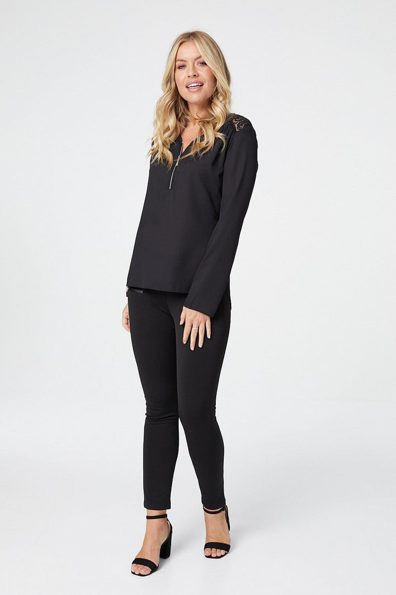 Black | Lace Zip Front Long Sleeve Blouse