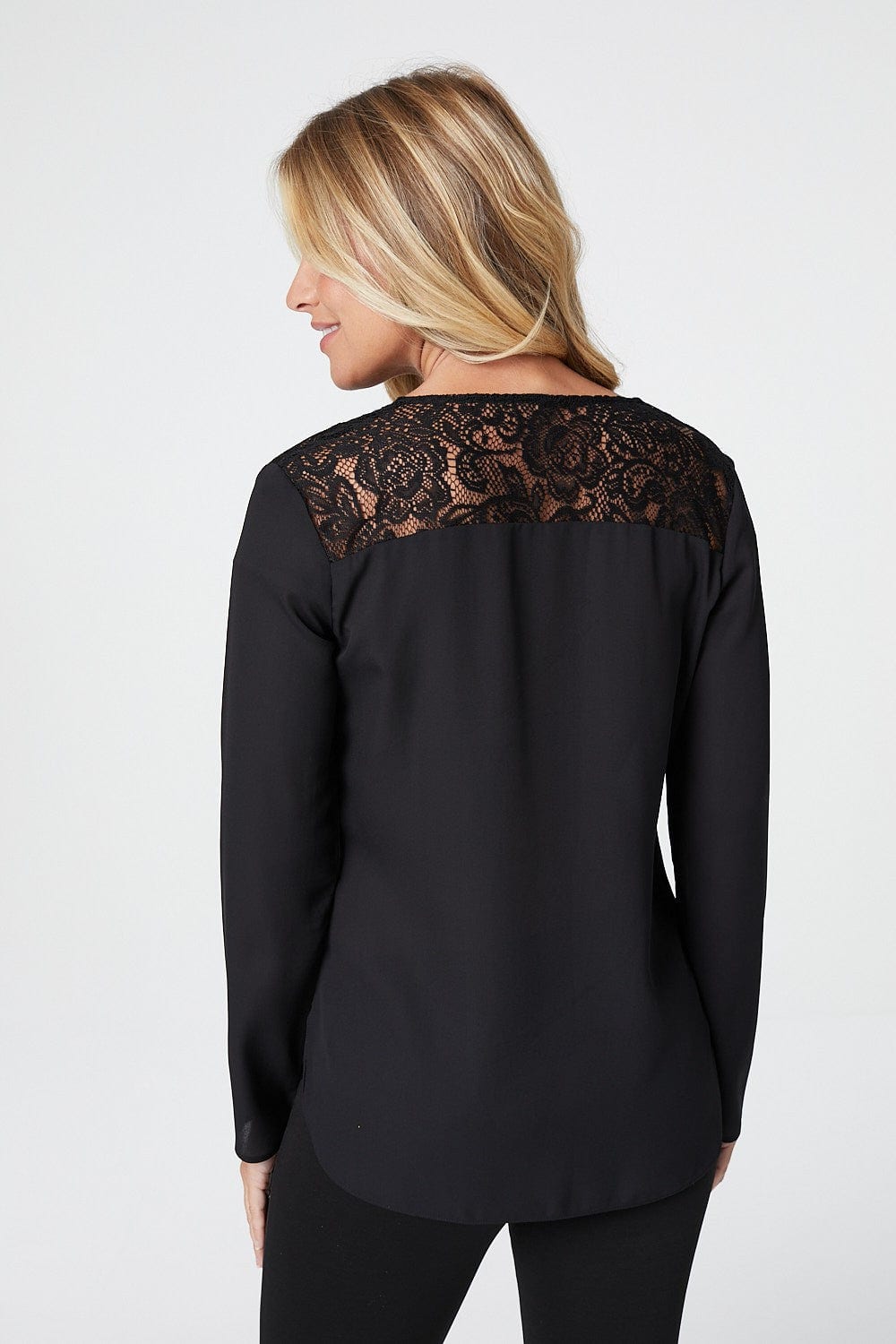Black | Lace Zip Front Long Sleeve Blouse