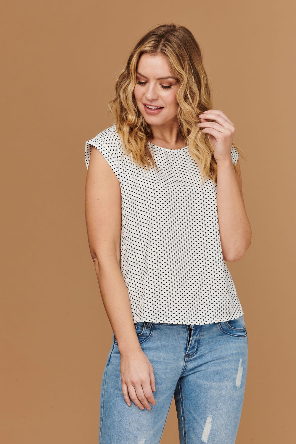White | Polka Dot Cap Sleeve Relaxed T-Shirt