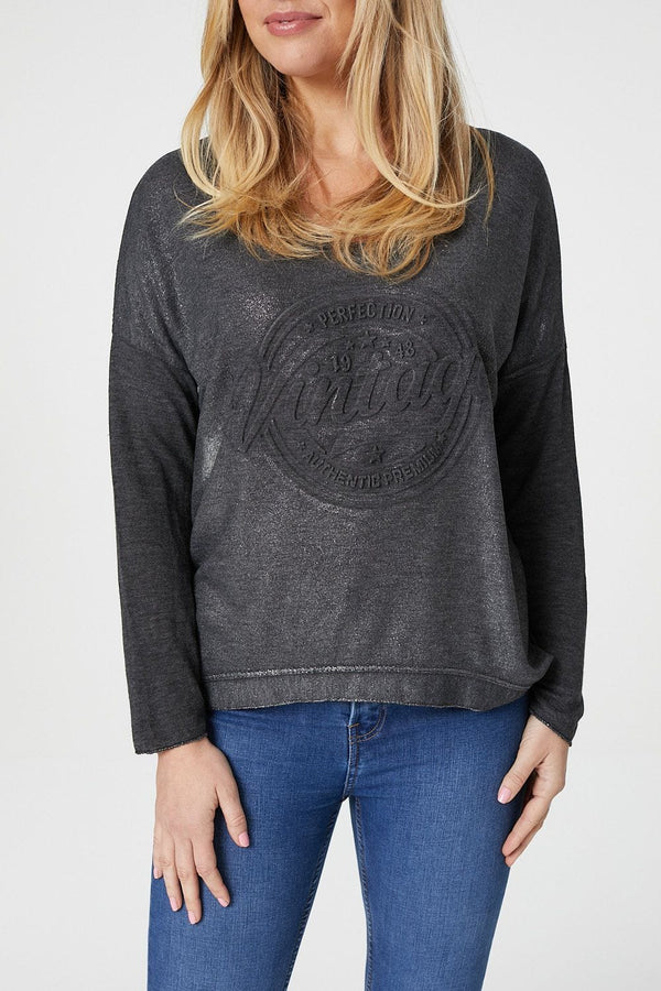 Black | Embossed Logo Print Slouchy Top
