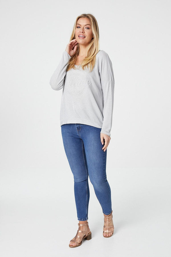 Grey | Embossed Logo Print Slouchy Top