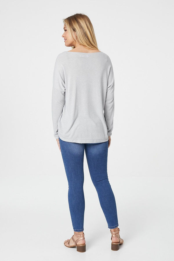 Grey | Embossed Logo Print Slouchy Top