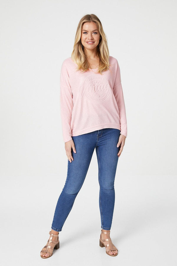 Pink | Embossed Logo Print Slouchy Top