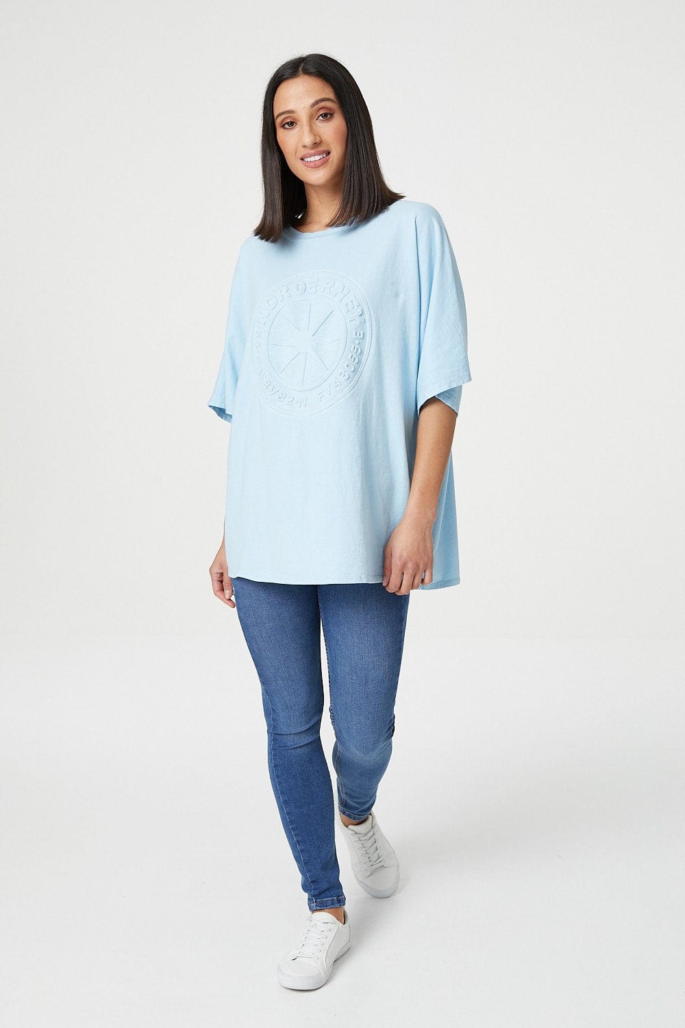 Blue | Embossed Logo Print Slouchy T-Shirt