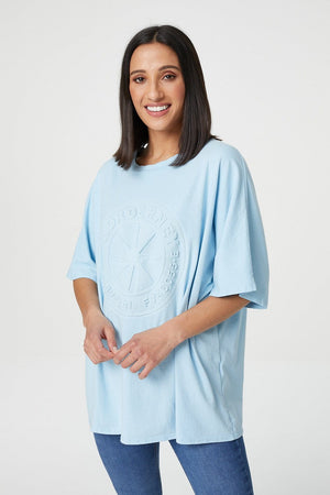 Blue | Embossed Logo Print Slouchy T-Shirt