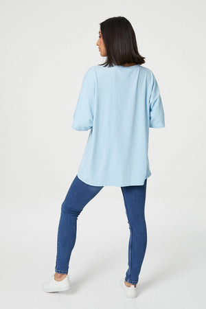 Blue | Embossed Logo Print Slouchy T-Shirt
