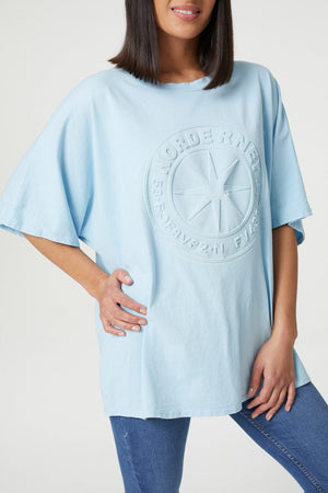 Blue | Embossed Logo Print Slouchy T-Shirt