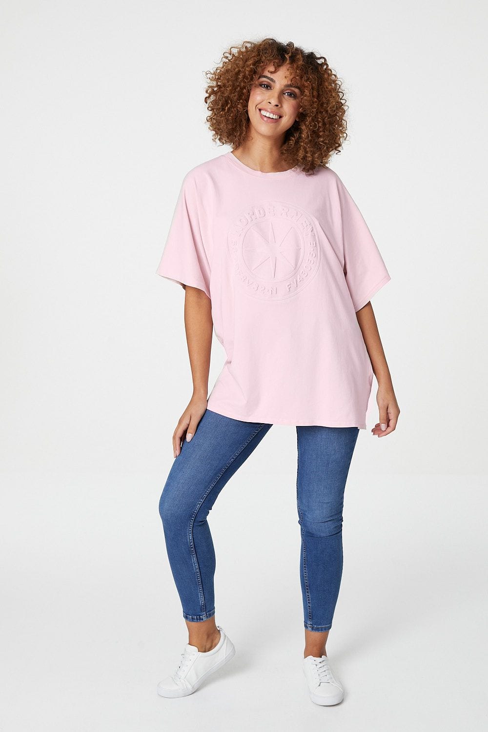 Pink | Embossed Logo Print Slouchy T-Shirt