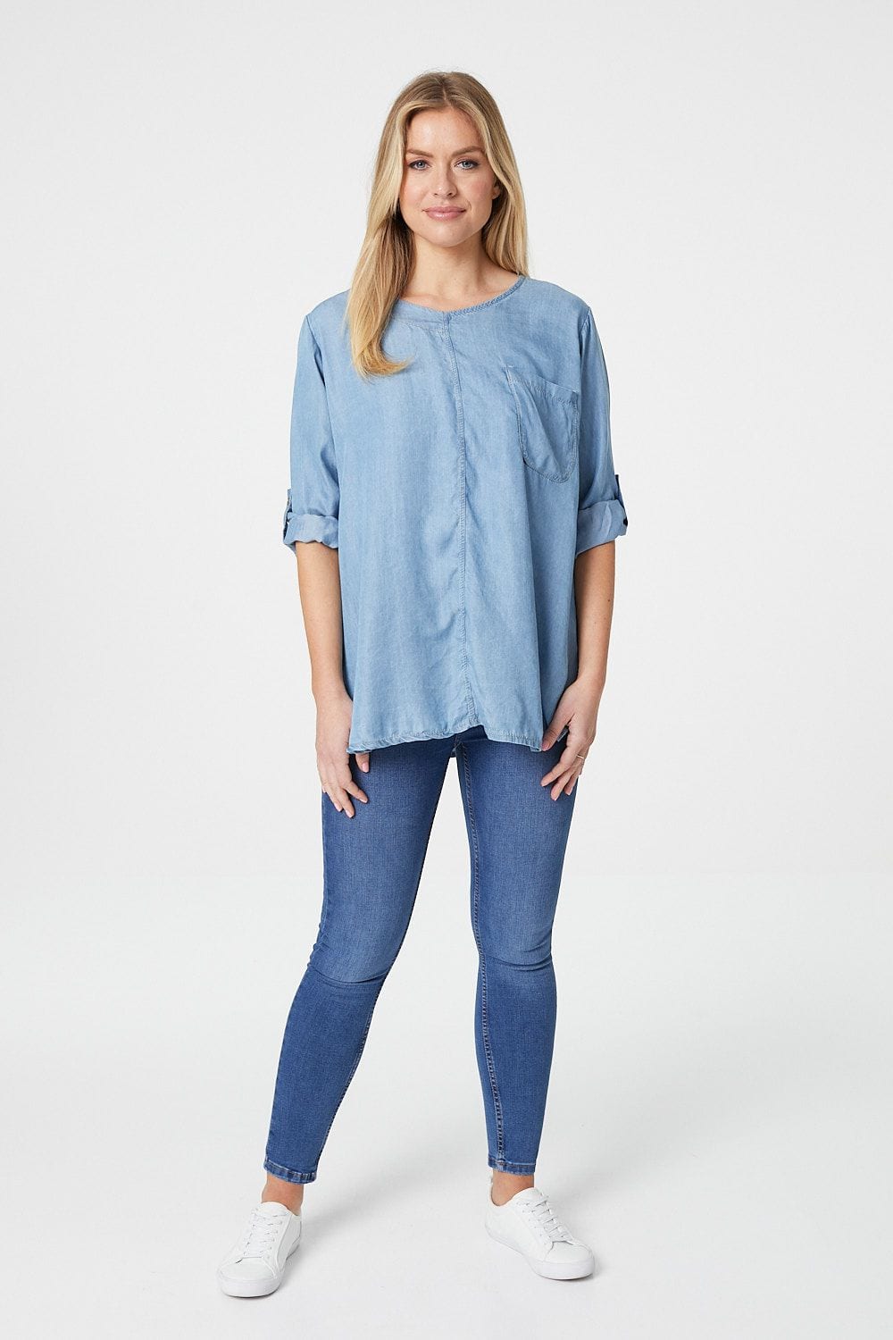Blue | Collarless Roll Sleeve Denim Top