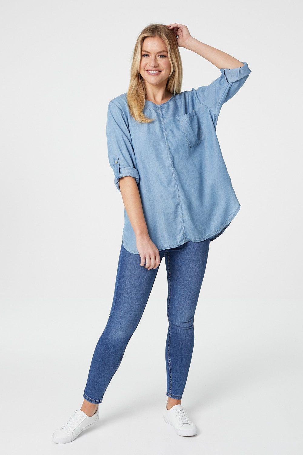 Blue | Collarless Roll Sleeve Denim Top