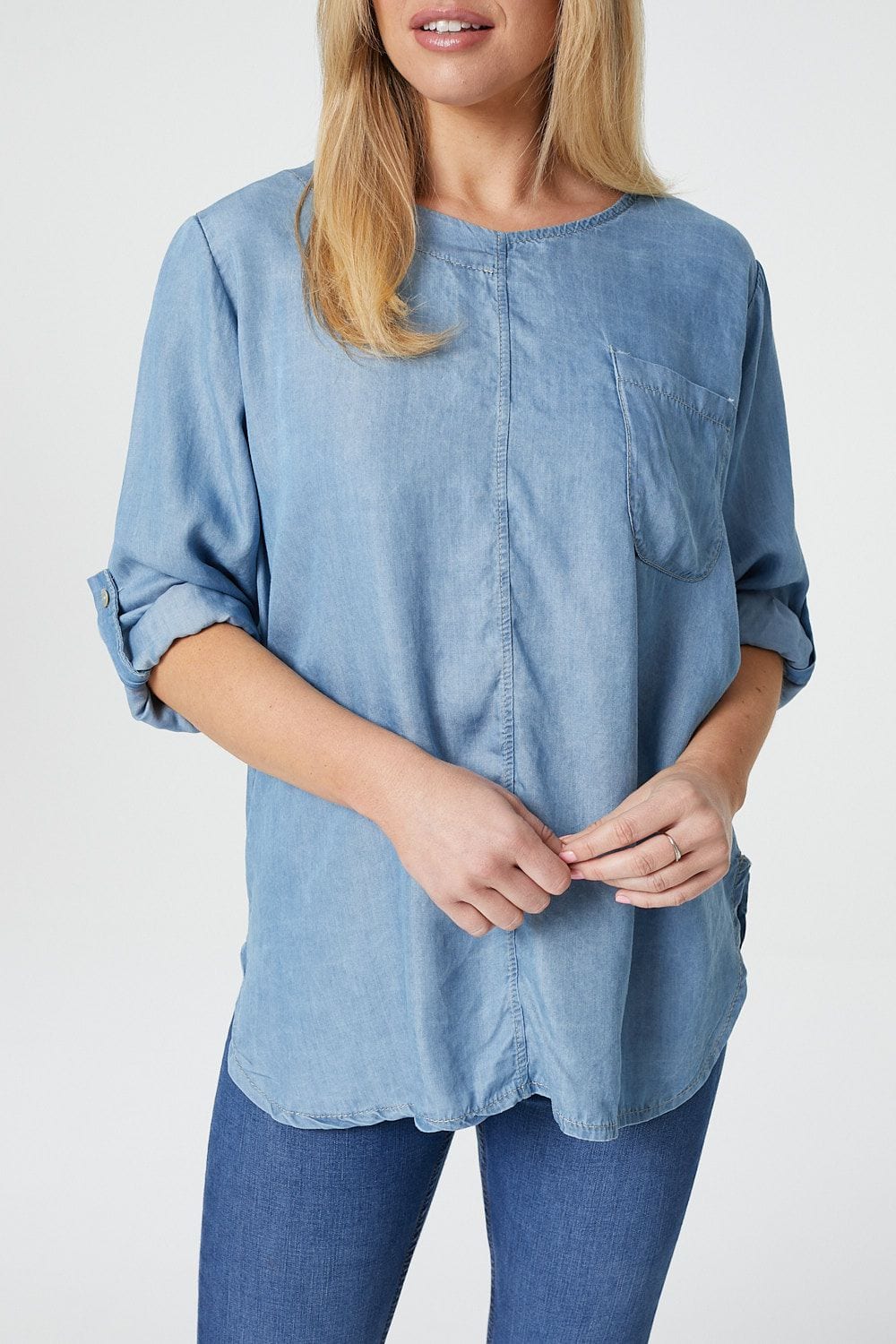 Blue | Collarless Roll Sleeve Denim Top