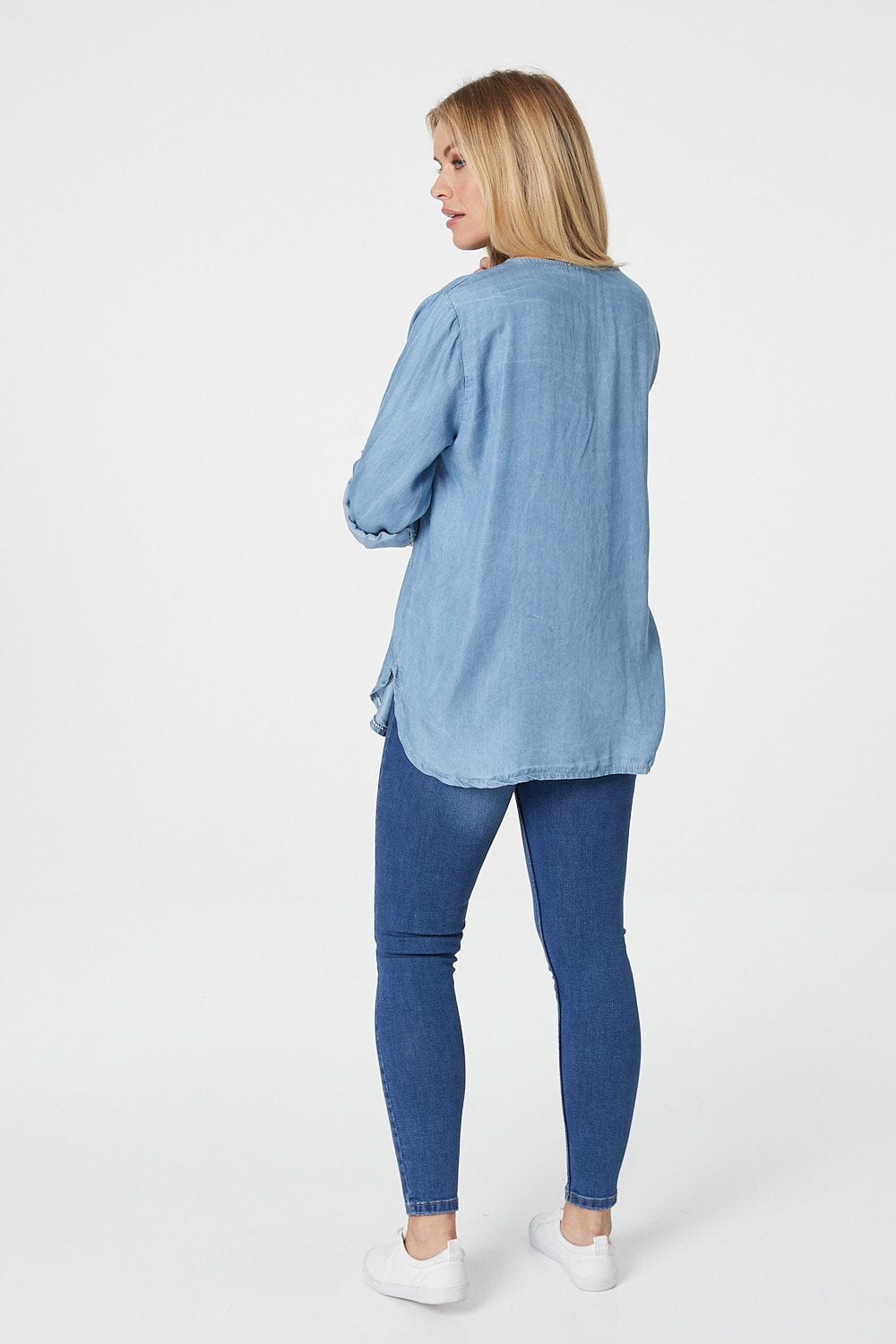 Blue | Collarless Roll Sleeve Denim Top