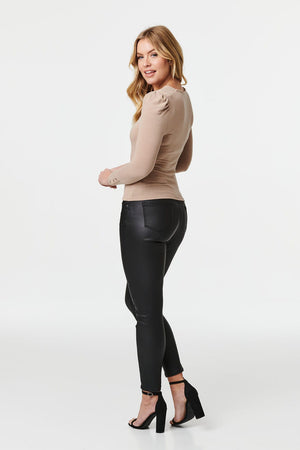 Beige | Square Neck Long Sleeve Knit Top