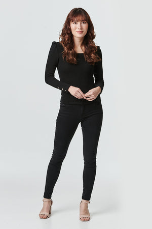 Black | Square Neck Long Sleeve Knit Top