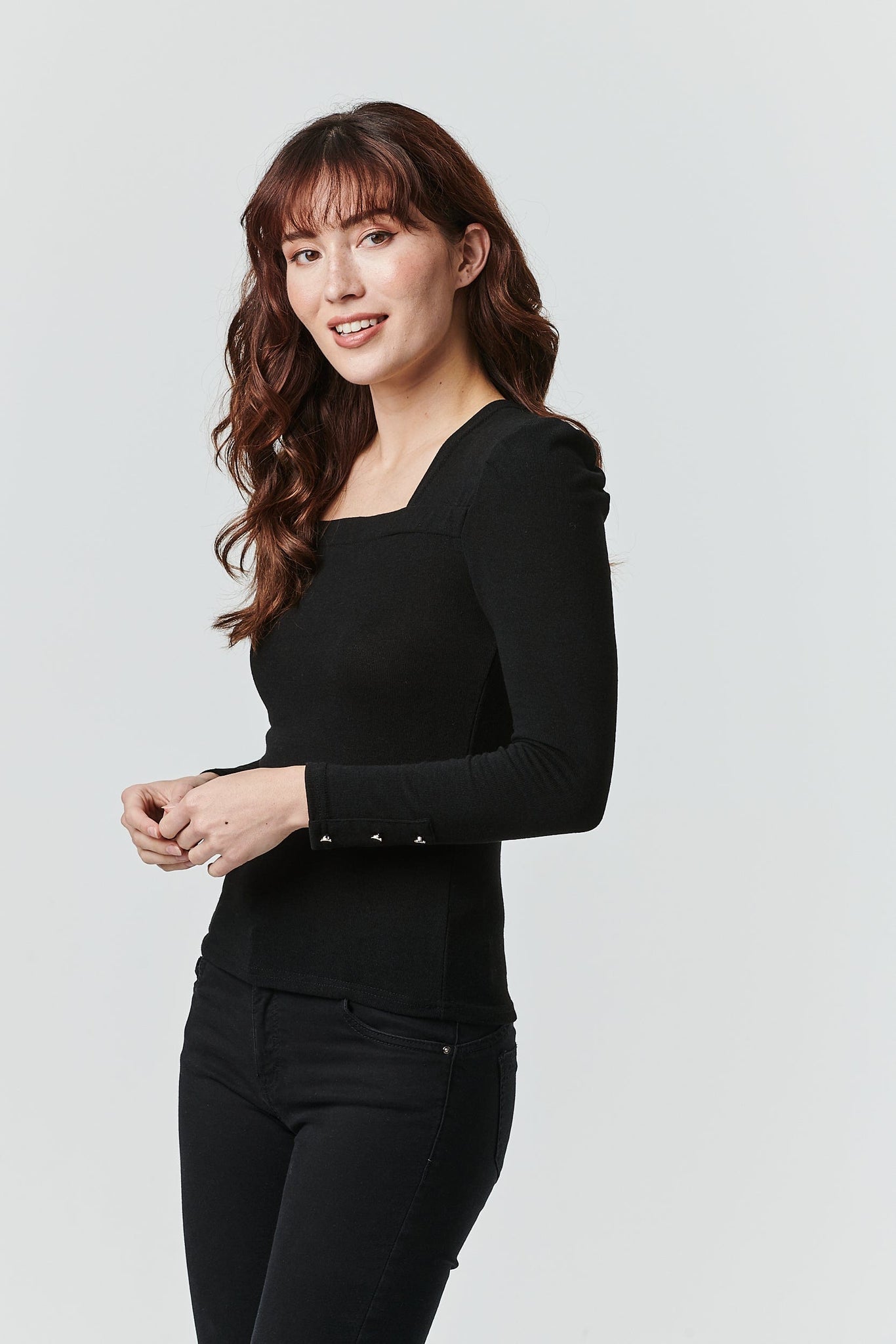 Black | Square Neck Long Sleeve Knit Top