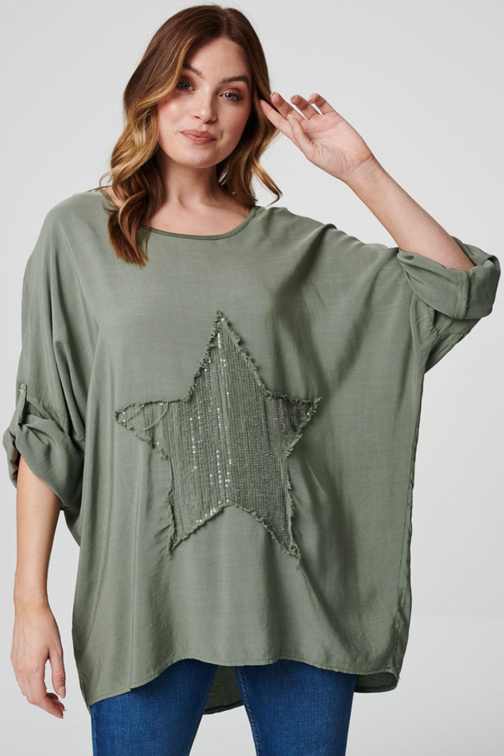 Khaki | Sequin Star Motif Oversized Top