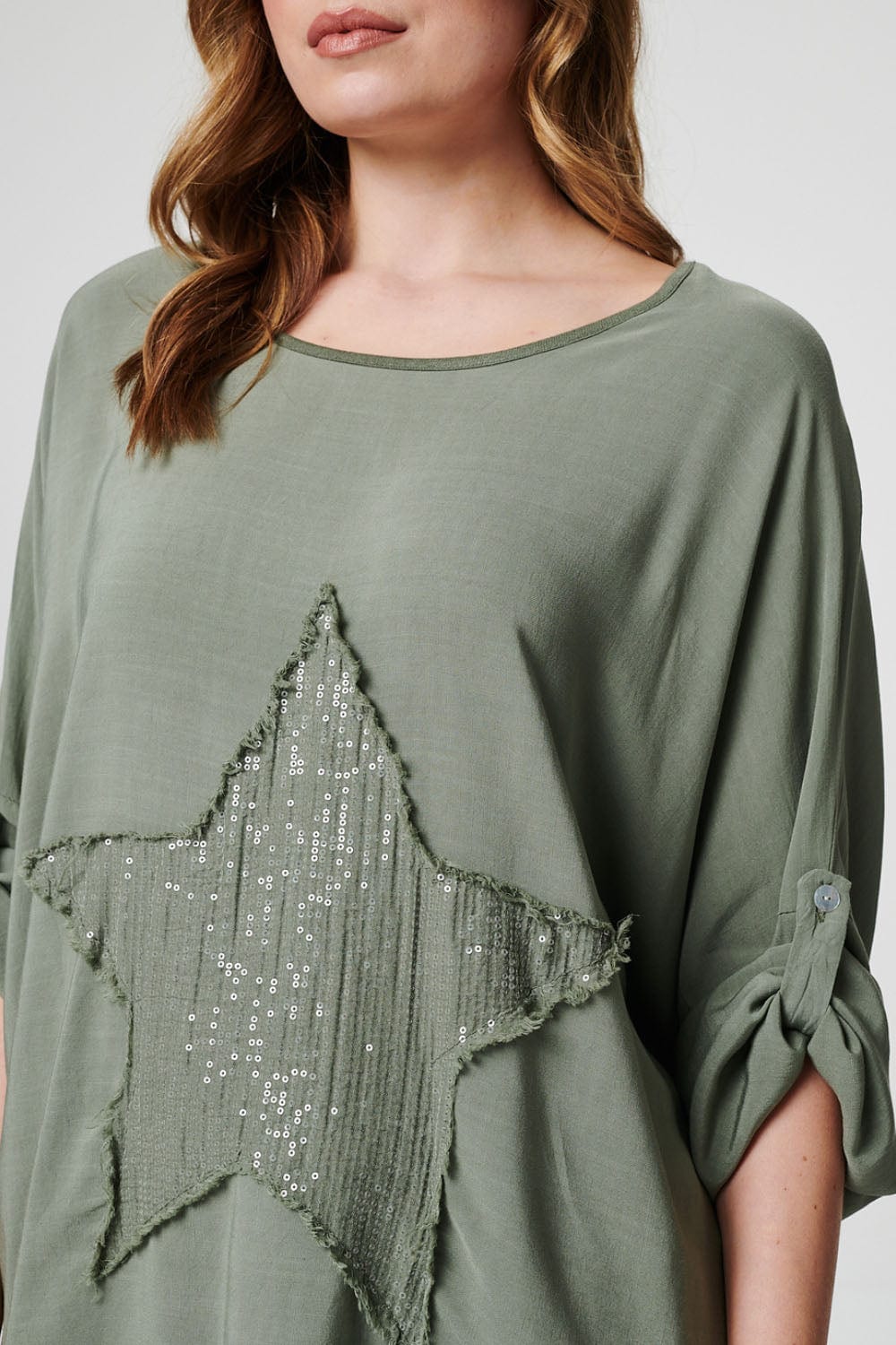 Khaki | Sequin Star Motif Oversized Top