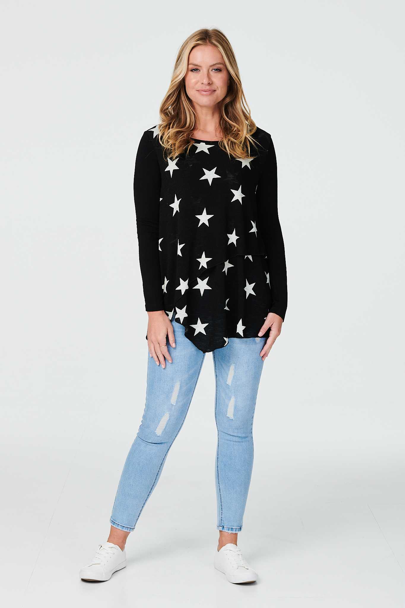 Black And White | Star Print Long Sleeve Layered T-Shirt