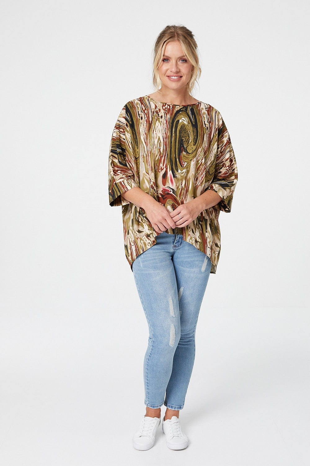Green | Marbled Print 3/4 Sleeve Blouse