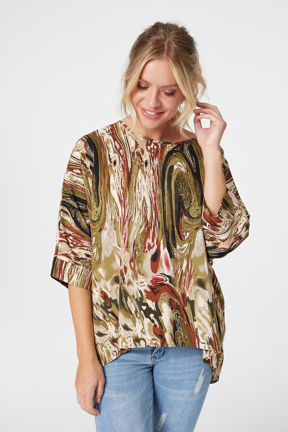 Green | Marbled Print 3/4 Sleeve Blouse