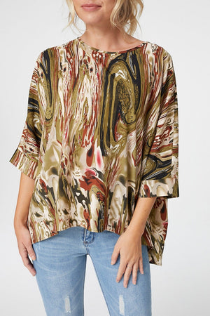 Green | Marbled Print 3/4 Sleeve Blouse