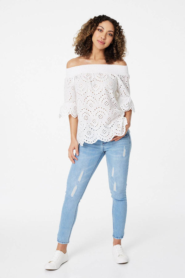 White | Broderie Anglaise Bardot Blouse