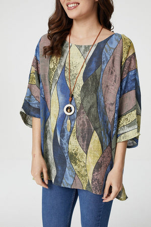 Green | Abstract Print Top with Necklace