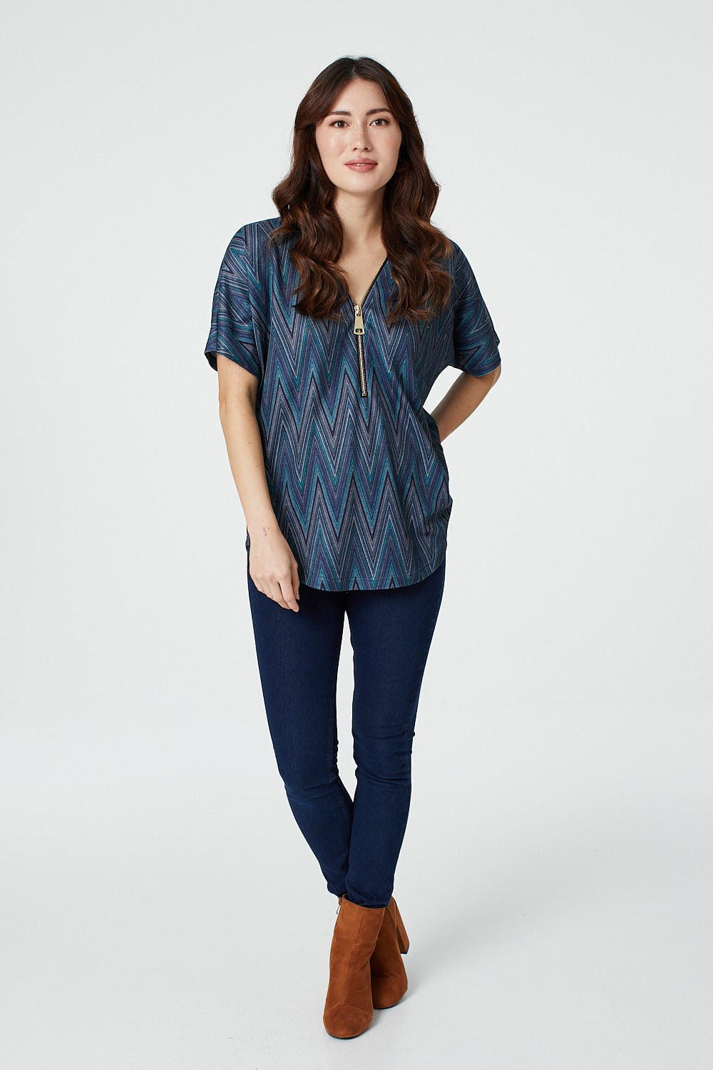 Blue | Chevron Zip Front Short Sleeve Top