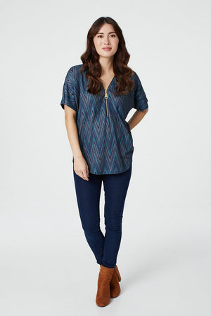 Blue | Chevron Zip Front Short Sleeve Top