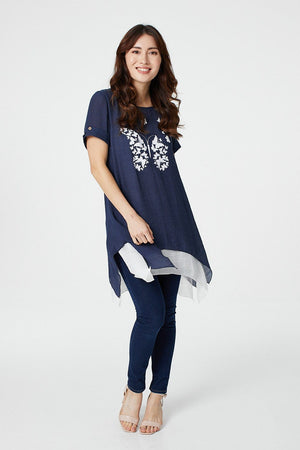 Navy | Butterfly Print Layered Tunic Blouse