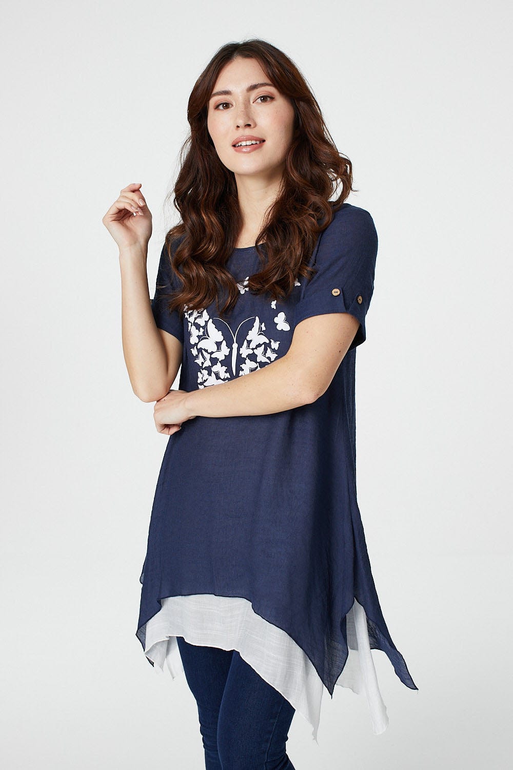 Navy | Butterfly Print Layered Tunic Blouse