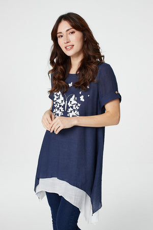 Navy | Butterfly Print Layered Tunic Blouse