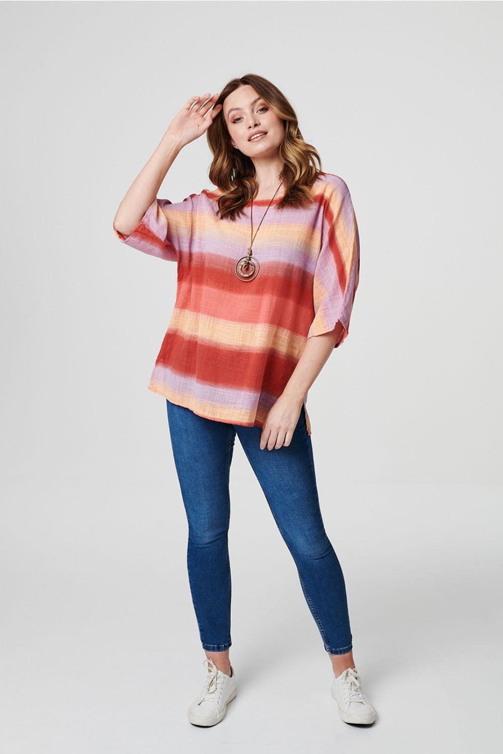 Red | Striped Oversized 3/4 Sleeve Top