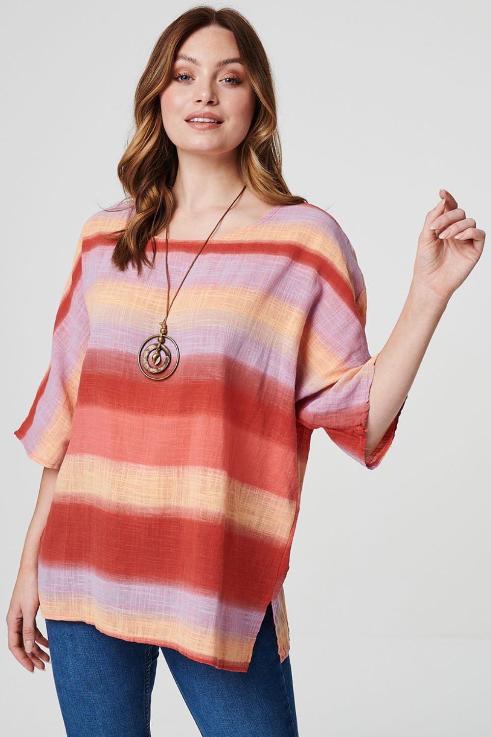 Red | Striped Oversized 3/4 Sleeve Top