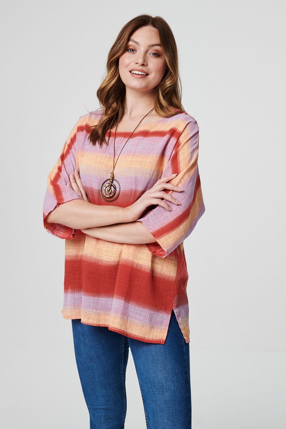 Red | Striped Oversized 3/4 Sleeve Top