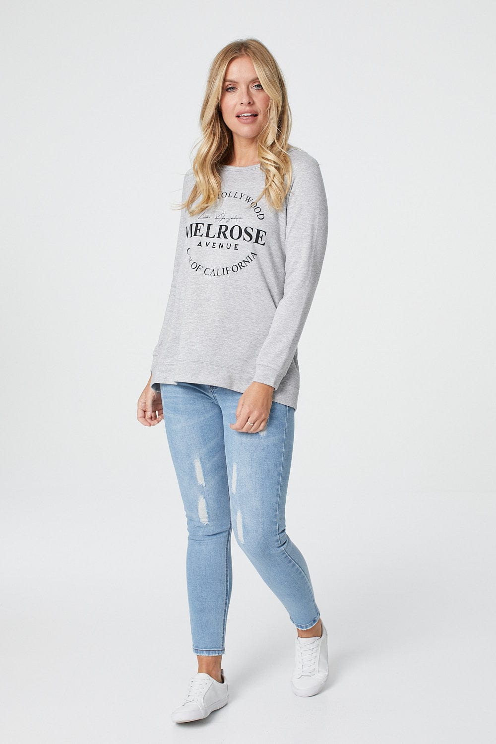 Grey | Slogan Print Relaxed Long Sleeve Jumper