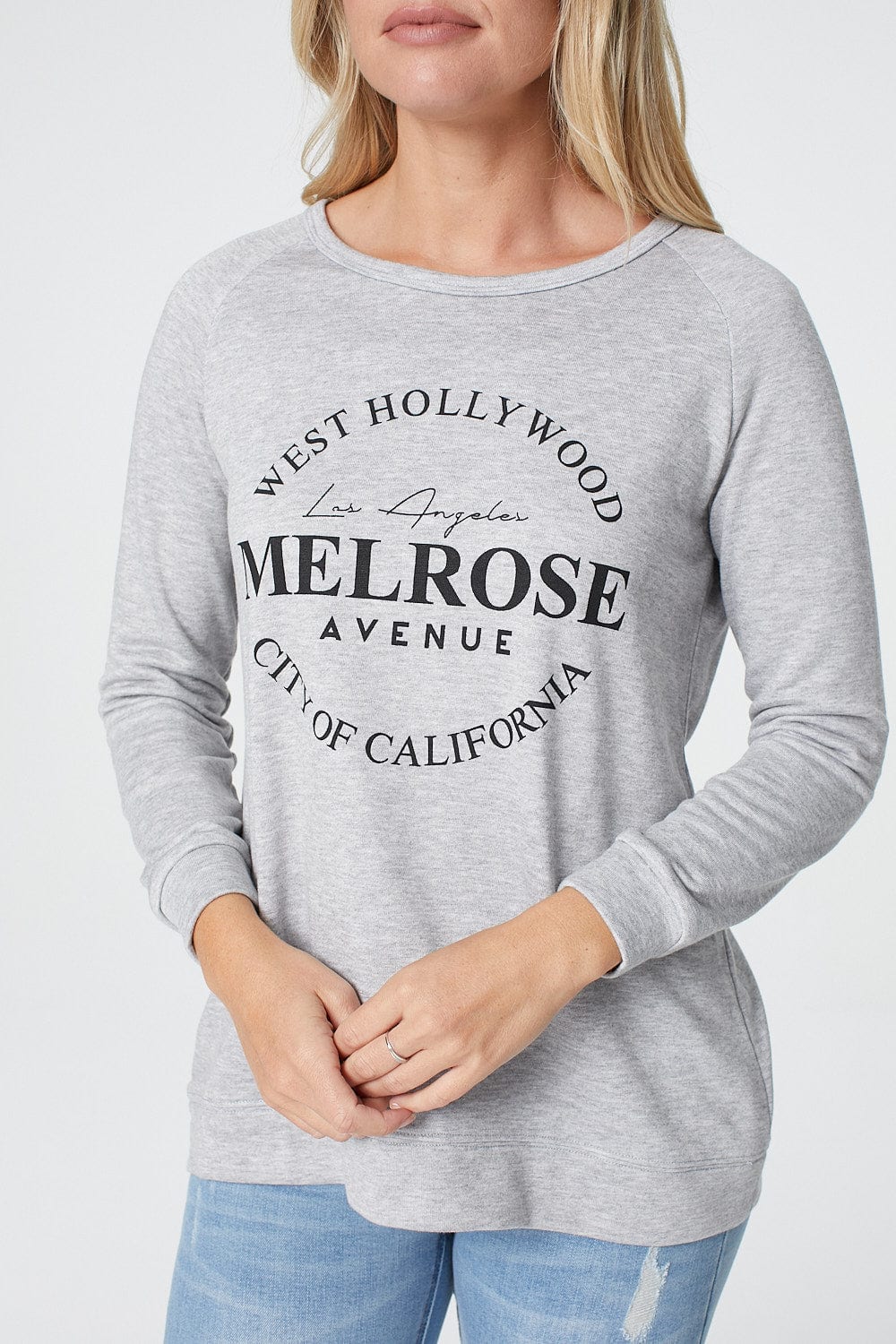Grey | Slogan Print Relaxed Long Sleeve Jumper