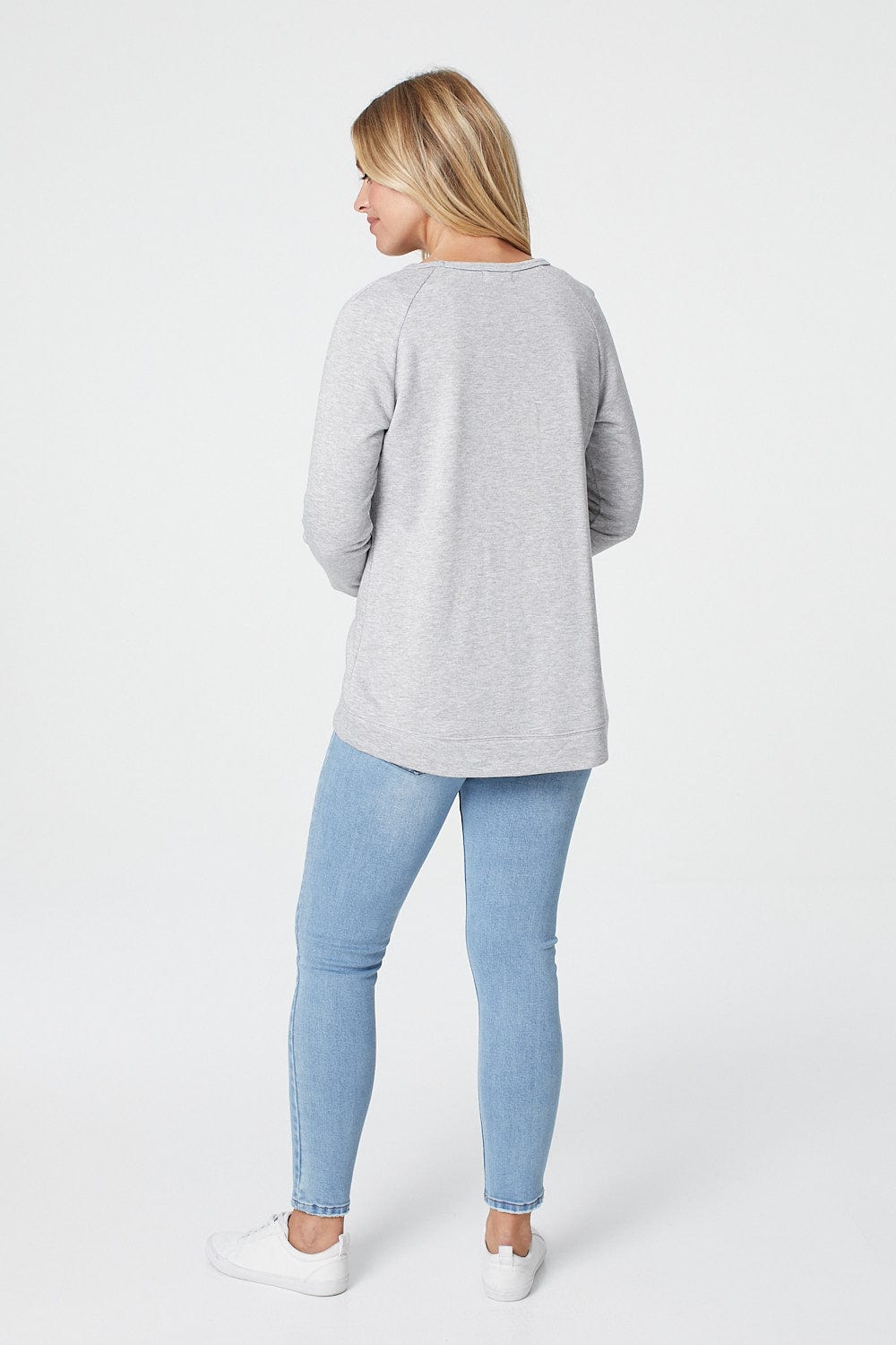 Grey | Slogan Print Relaxed Long Sleeve Jumper