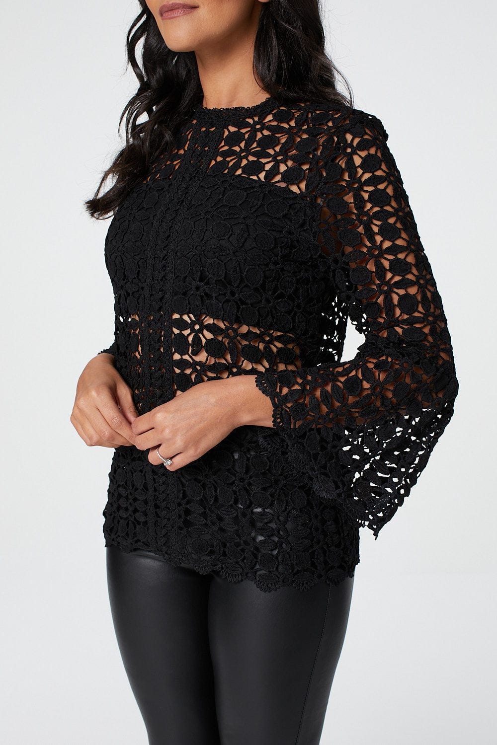 Black | Lace Sheer Long Sleeve Blouse