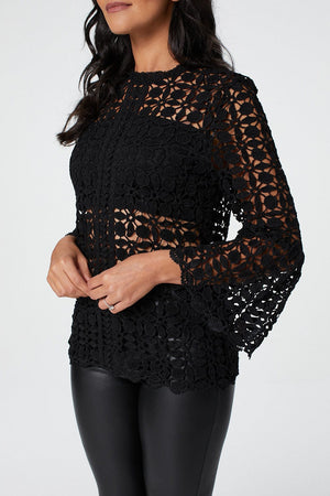 Black | Lace Sheer Long Sleeve Blouse