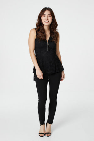 Black | Lace Zip Front Peplum Top