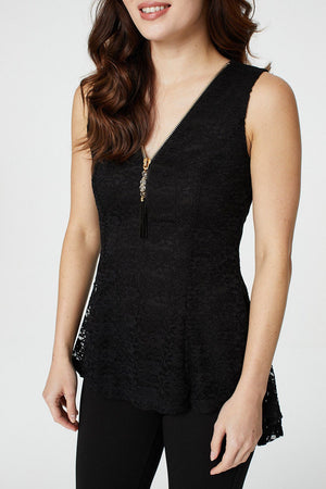 Black | Lace Zip Front Peplum Top