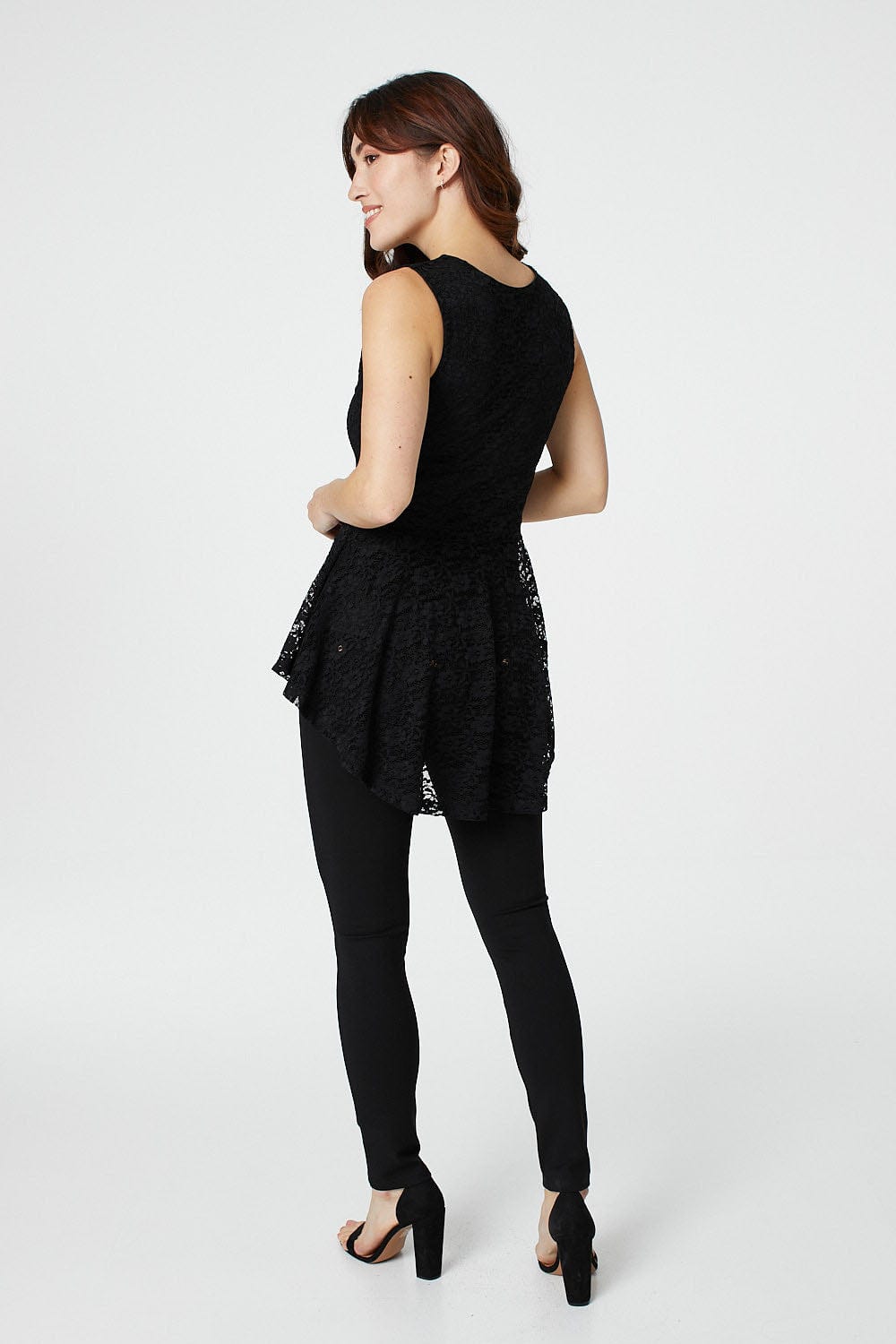 Black | Lace Zip Front Peplum Top