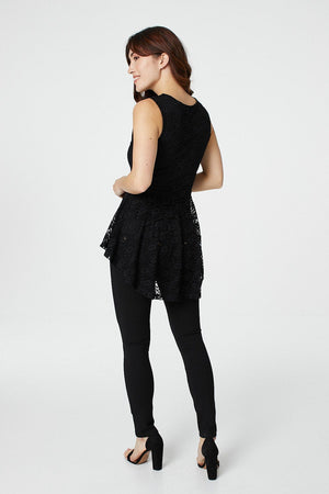 Black | Lace Zip Front Peplum Top