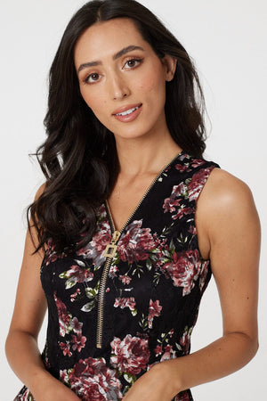 Pink | Rose Print Zip Front Peplum Top