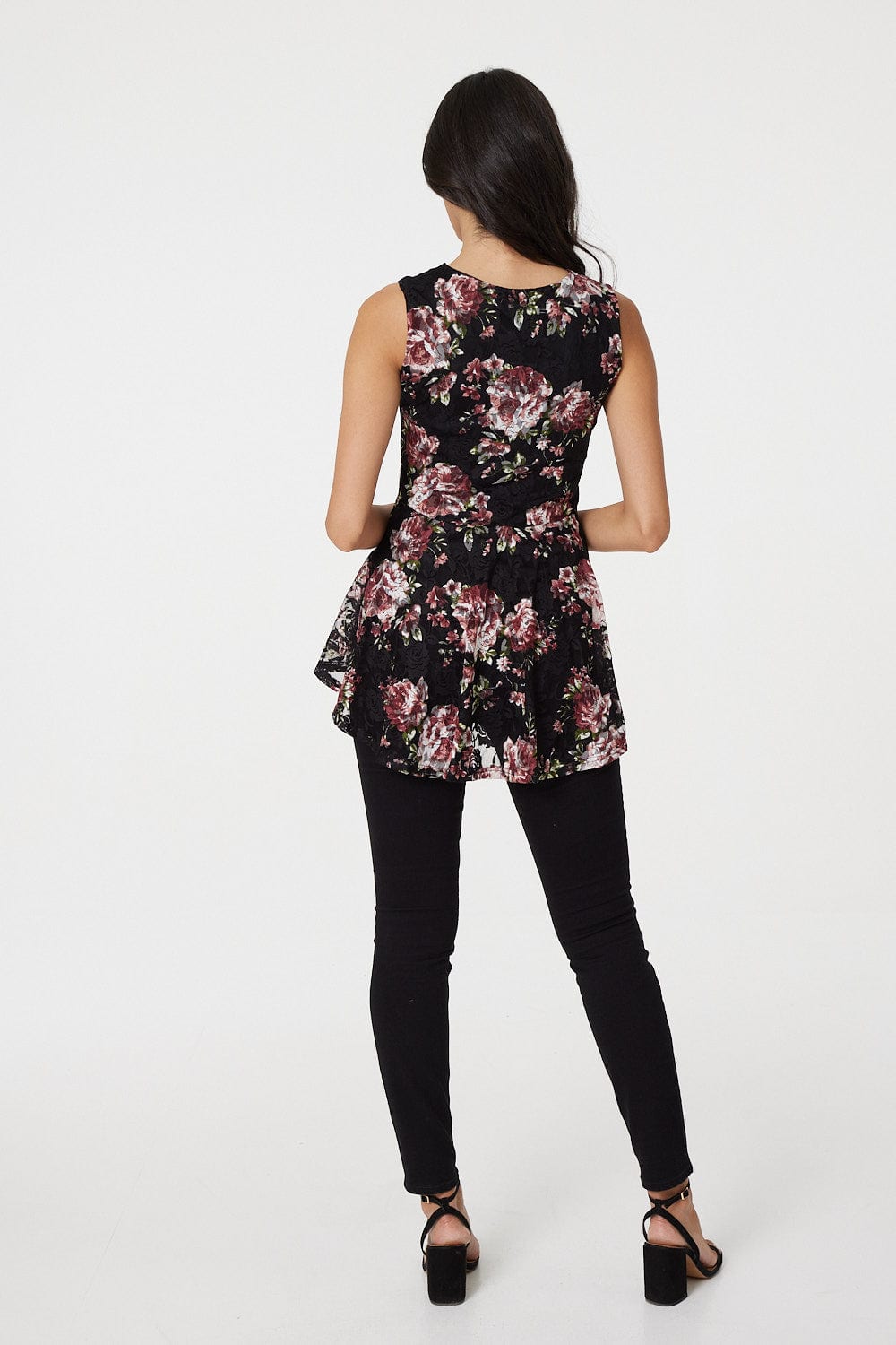 Pink | Rose Print Zip Front Peplum Top