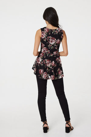 Pink | Rose Print Zip Front Peplum Top